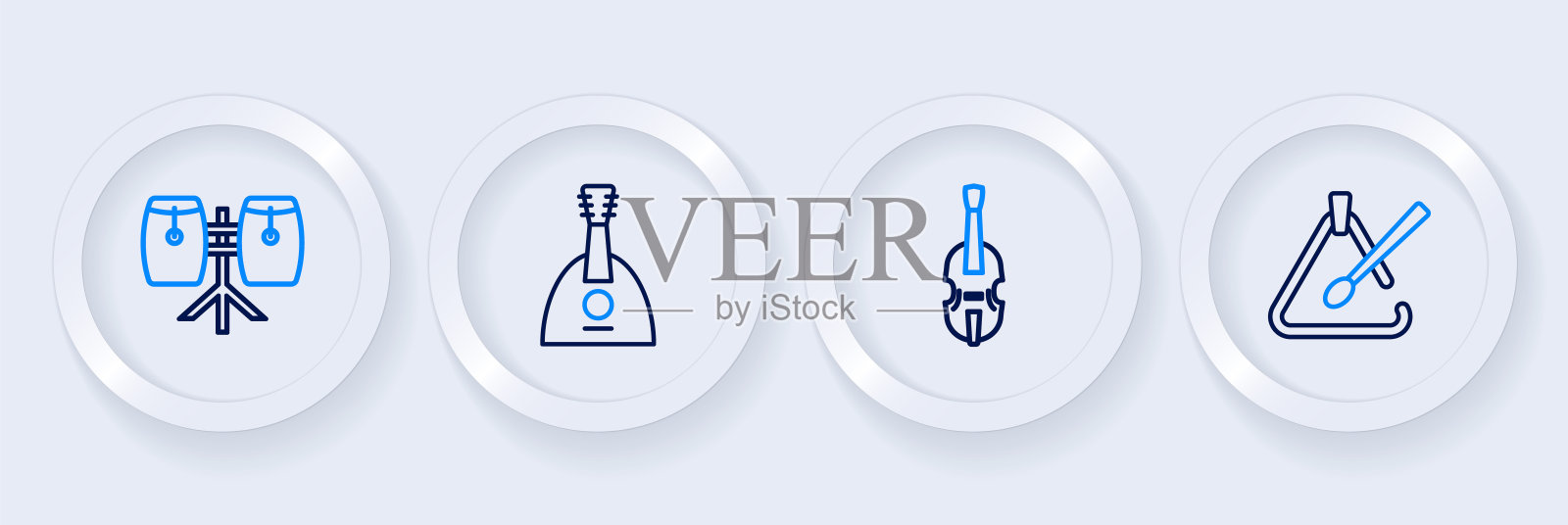 设置线三角乐器，小提琴，巴拉莱卡和康加鼓图标。向量插画图片素材