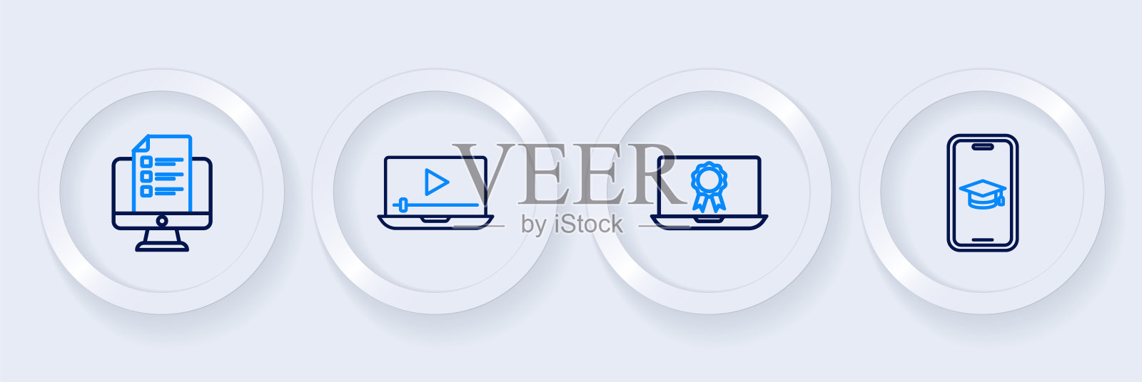 在手机上设置毕业帽，在线教育与文凭，播放视频和测验，测试，调查图标。向量插画图片素材