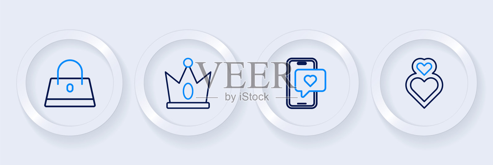 集线心脏，移动心脏，国王皇冠和手袋图标。向量插画图片素材