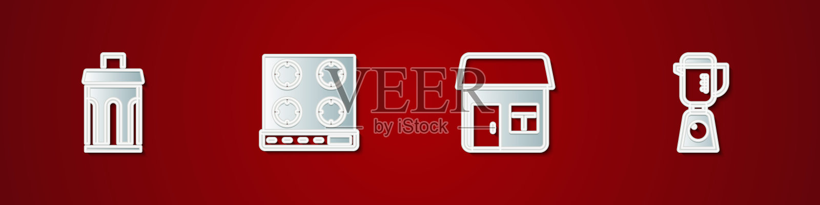 设置垃圾桶，煤气灶，房子和搅拌机图标。向量插画图片素材