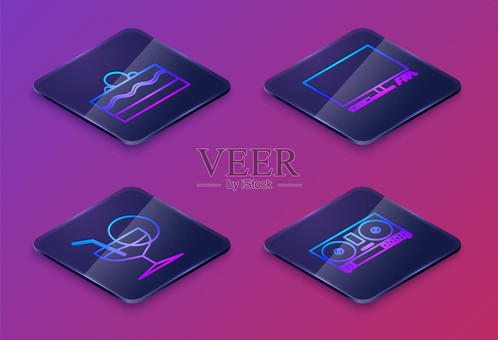 设置等距线蛋糕，马提尼酒杯，视频游戏机和DJ遥控器播放和混合音乐。蓝色方形按钮。向量插画图片素材