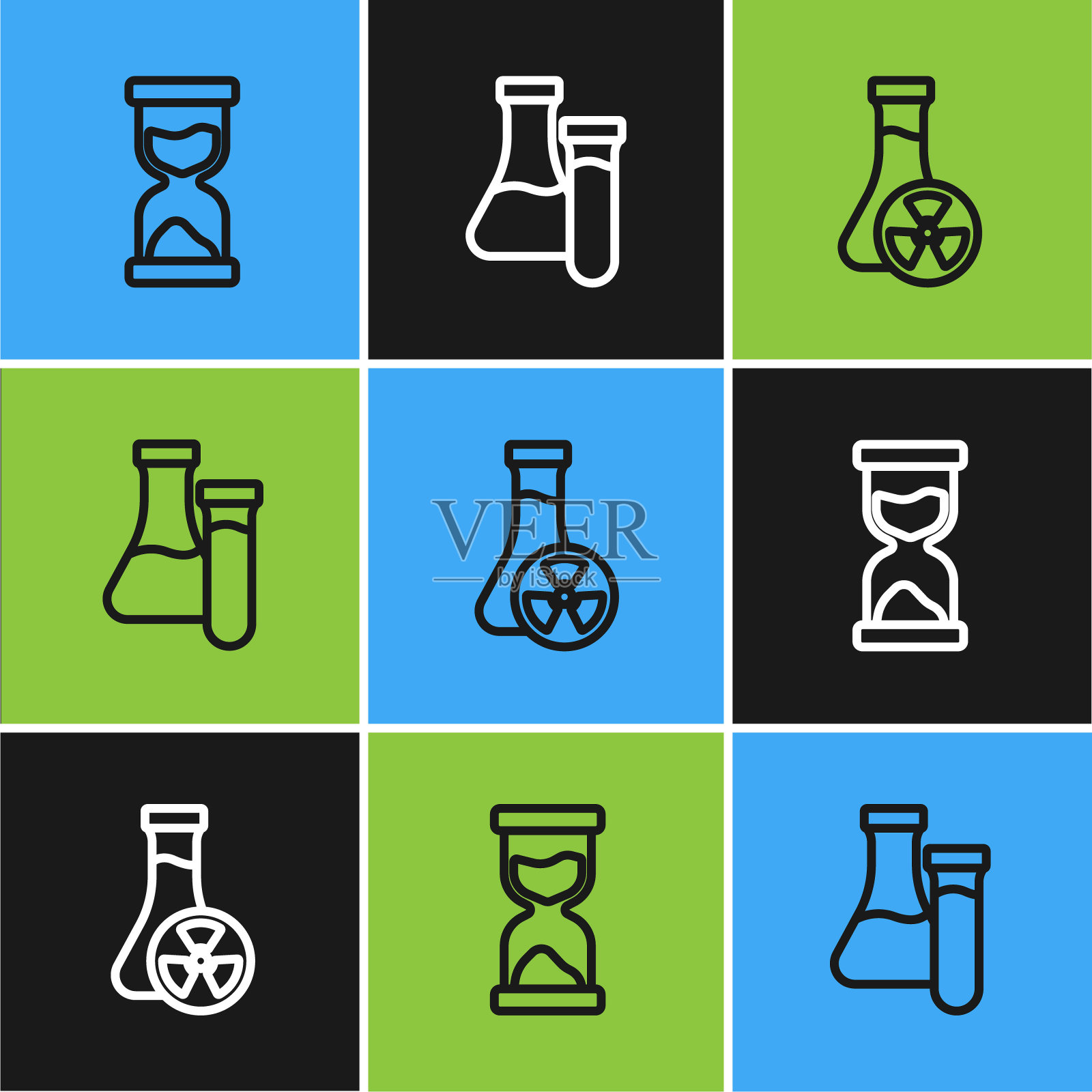 设好线旧沙漏，装有有毒液体的试管和图标。向量插画图片素材