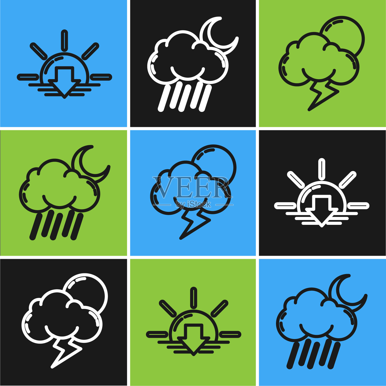设置线日落，风暴和云与雨和月亮图标。向量插画图片素材