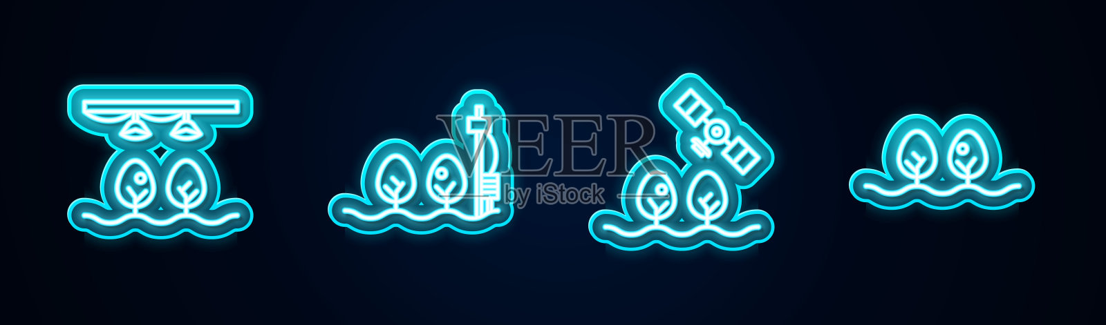 设置智能农场，包括球茎和植物，独立传感器，无人机和植物。发光的霓虹灯图标。向量插画图片素材