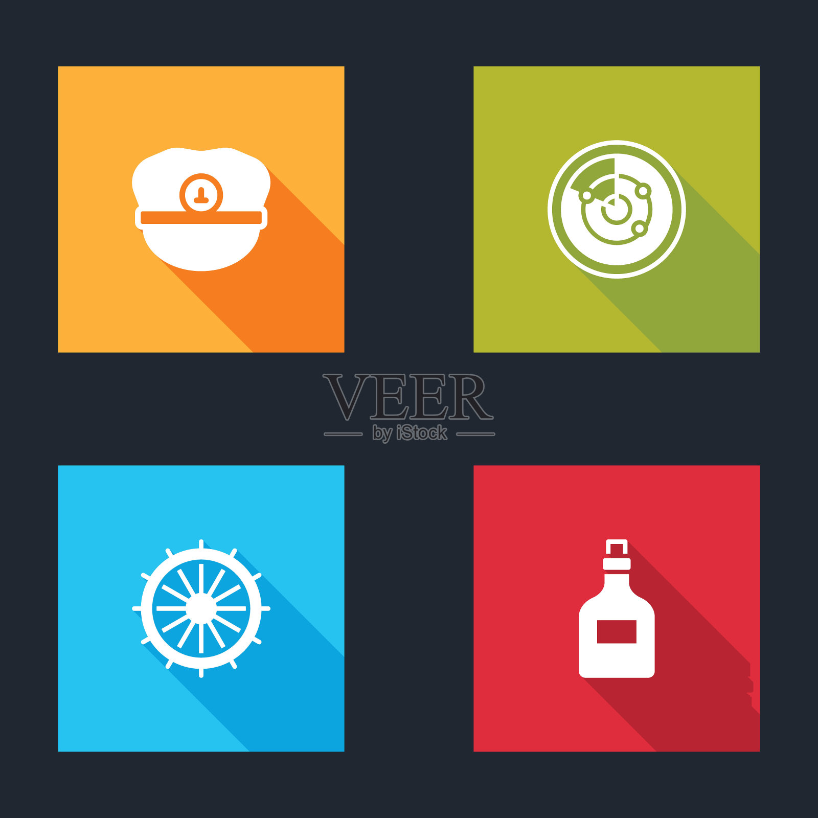 设置船长帽，雷达与目标，船舶方向盘和朗姆酒瓶图标。向量插画图片素材