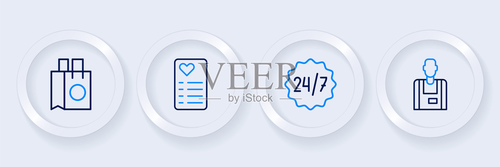 设置线卖家，时钟24小时，购物清单和纸购物袋图标。向量插画图片素材