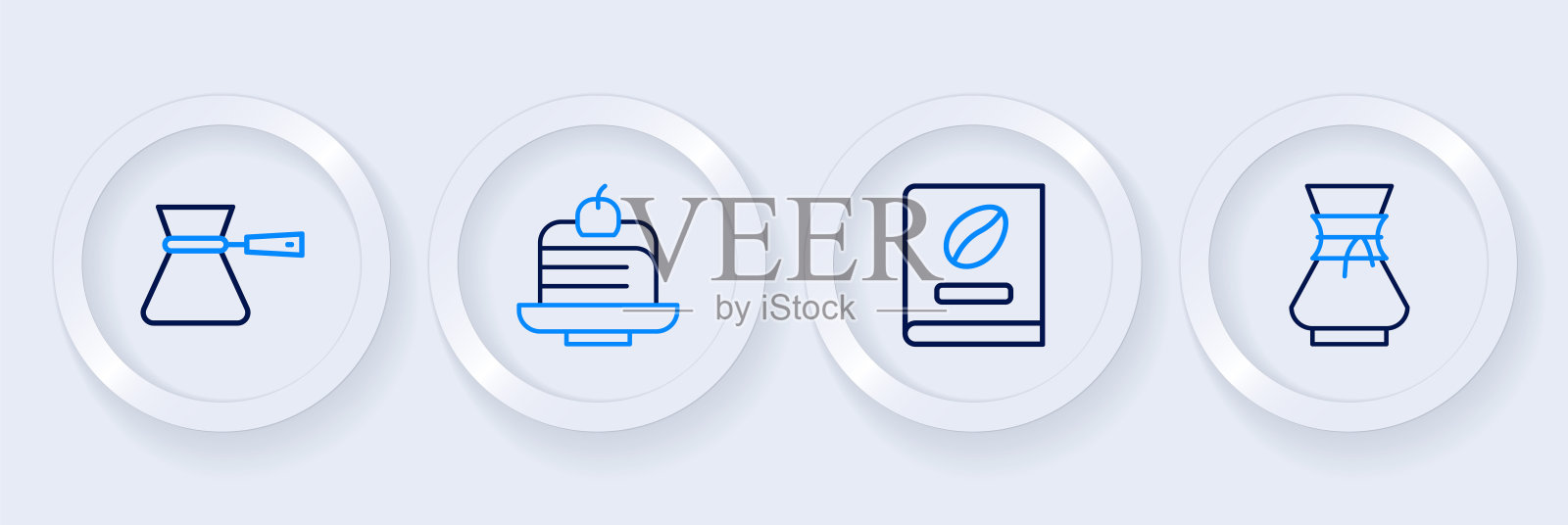 倒在咖啡机，咖啡书，一块蛋糕和土耳其图标上。向量插画图片素材