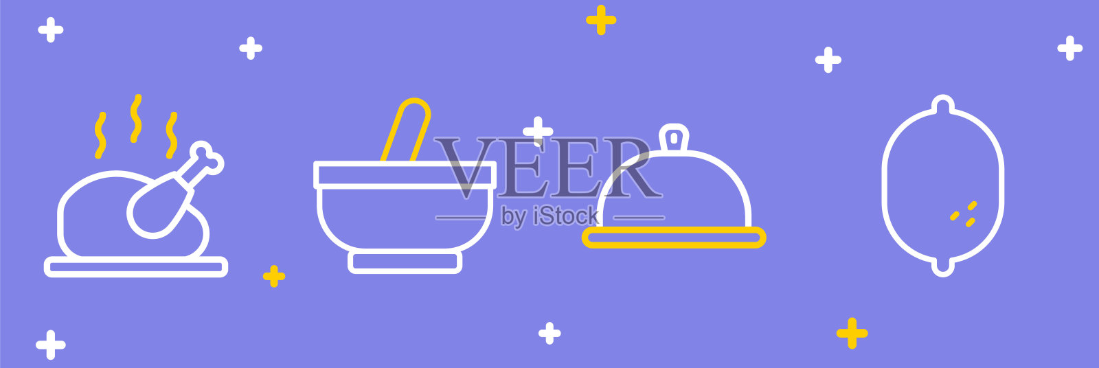 柠檬，铺上托盘食物，研钵和杵和烤火鸡肉图标。向量插画图片素材