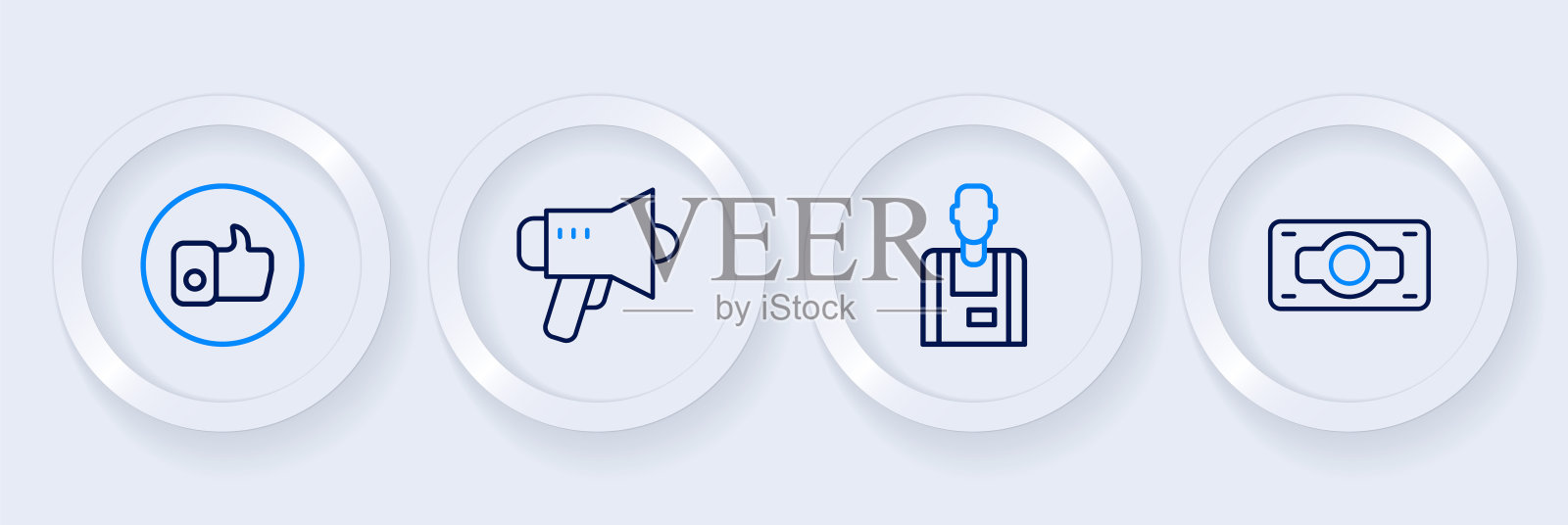 设置线堆叠纸币现金，卖家，扩音器和手像图标。向量插画图片素材