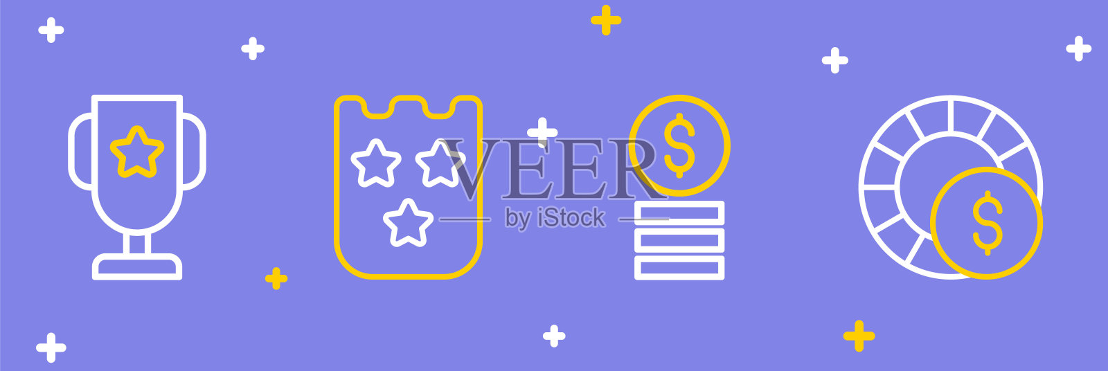 设置行赌场筹码，与美元，彩票和扑克奖杯杯图标。向量插画图片素材