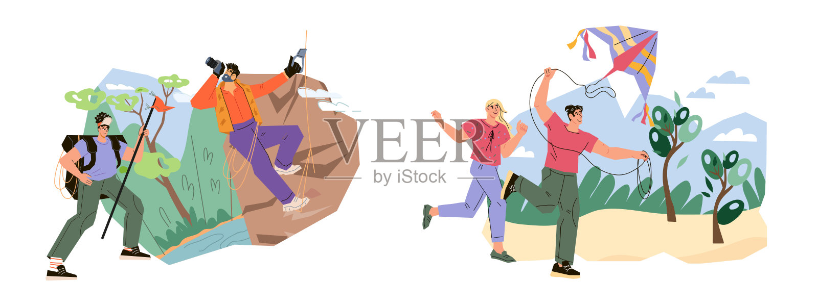 活跃的夫妇在大自然玩风筝和登山，矢量集。插画图片素材