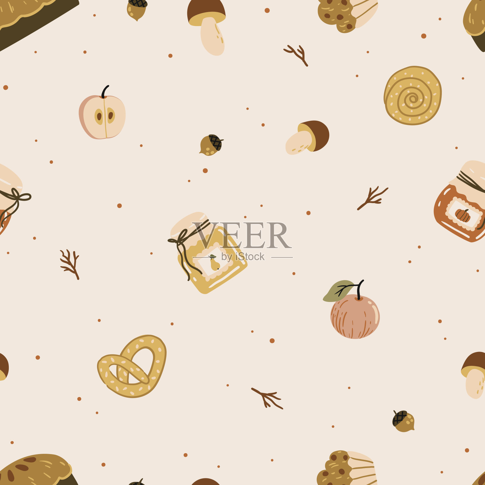 极简风格的无缝花纹，带有秋天的属性。适用于织物、纸张和儿童卡片的印刷。插画图片素材