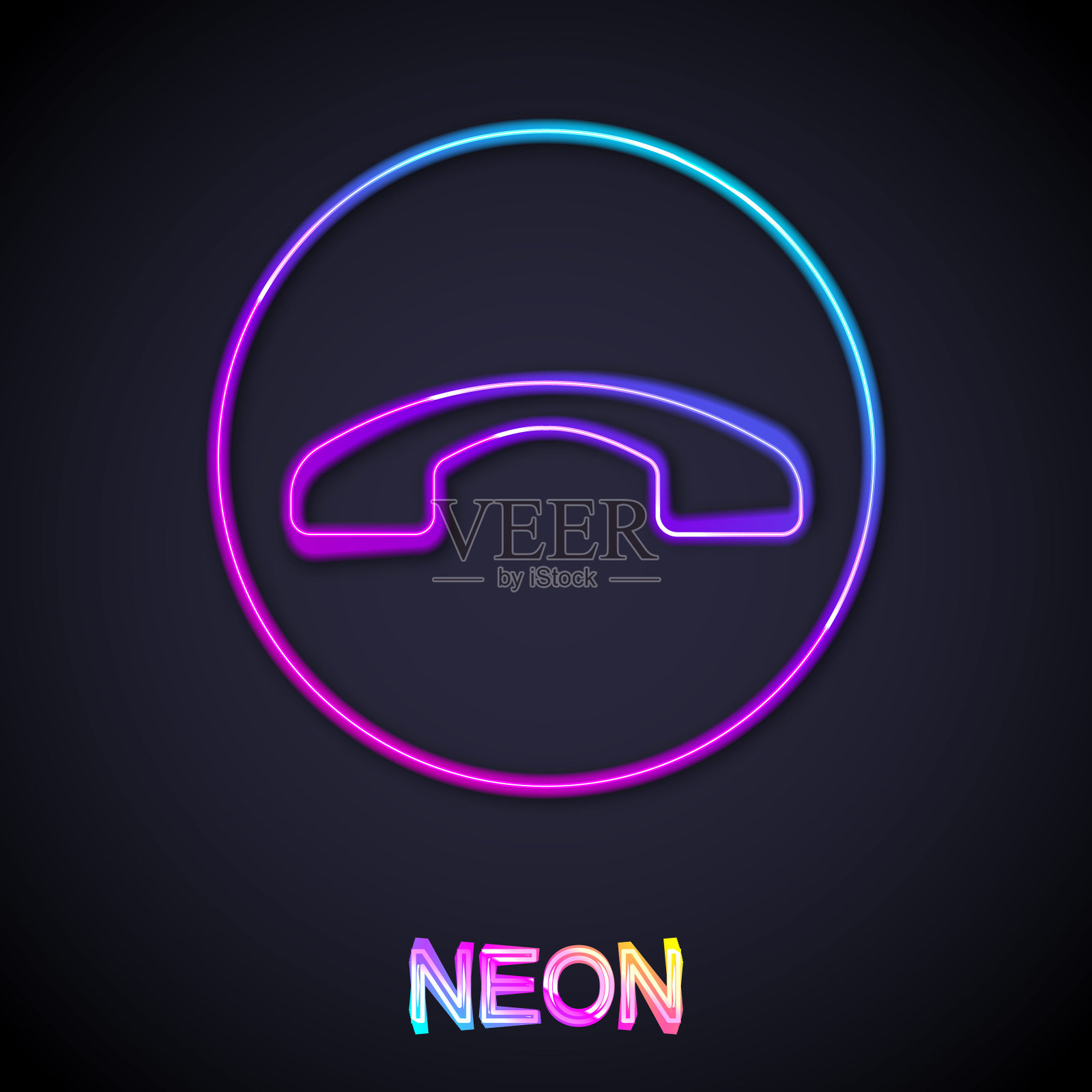 发光的霓虹线电话听筒图标孤立的黑色背景。电话的信号。向量插画图片素材