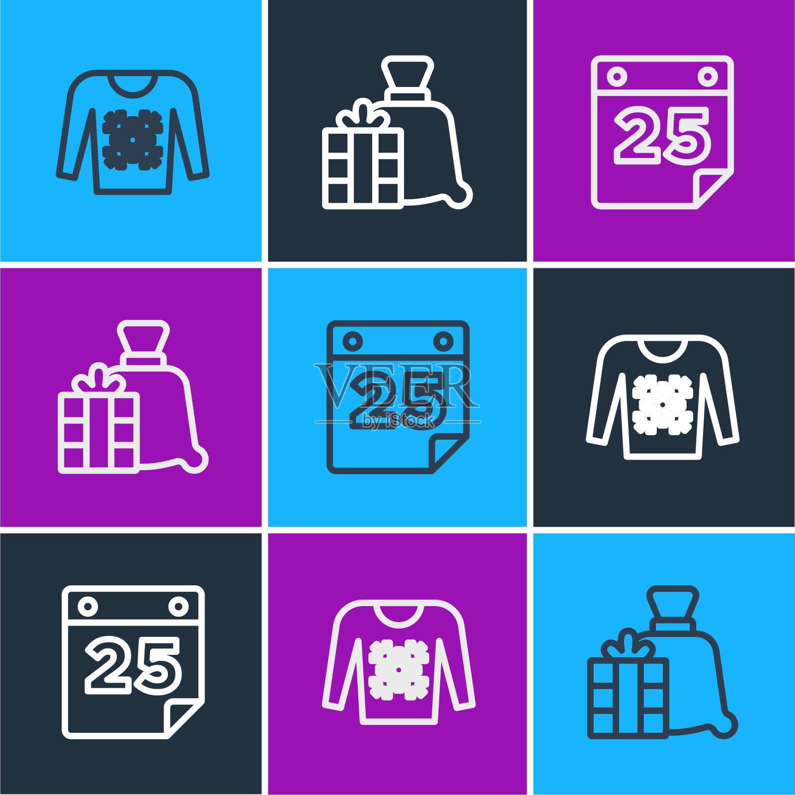 设定线圣诞毛衣，日历和圣诞老人袋礼物图标。向量插画图片素材