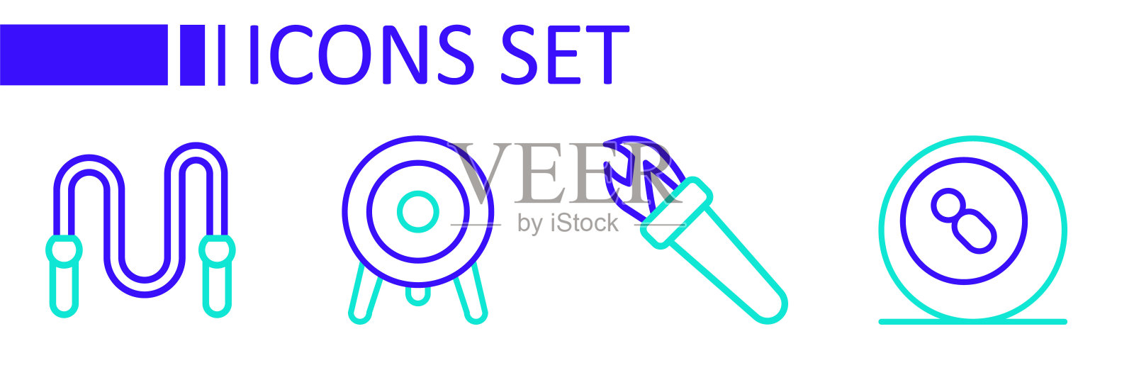 设置线台球，台球，斯诺克球，火炬火焰，目标运动和跳绳图标。向量插画图片素材