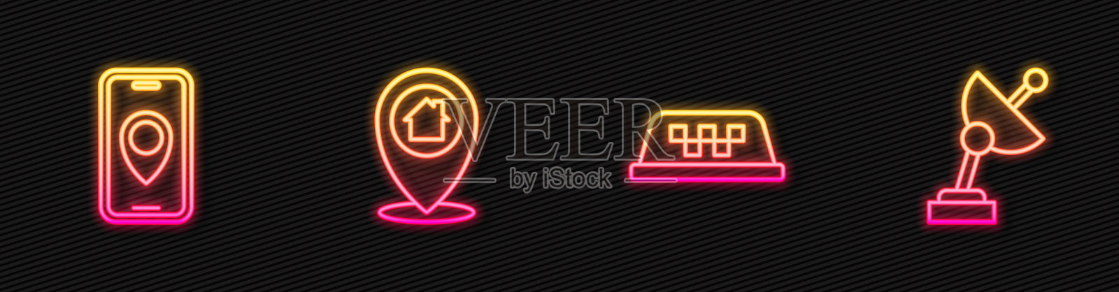 设置线出租车车顶，城市地图导航，位置与房屋和雷达。发光的霓虹灯图标。向量插画图片素材