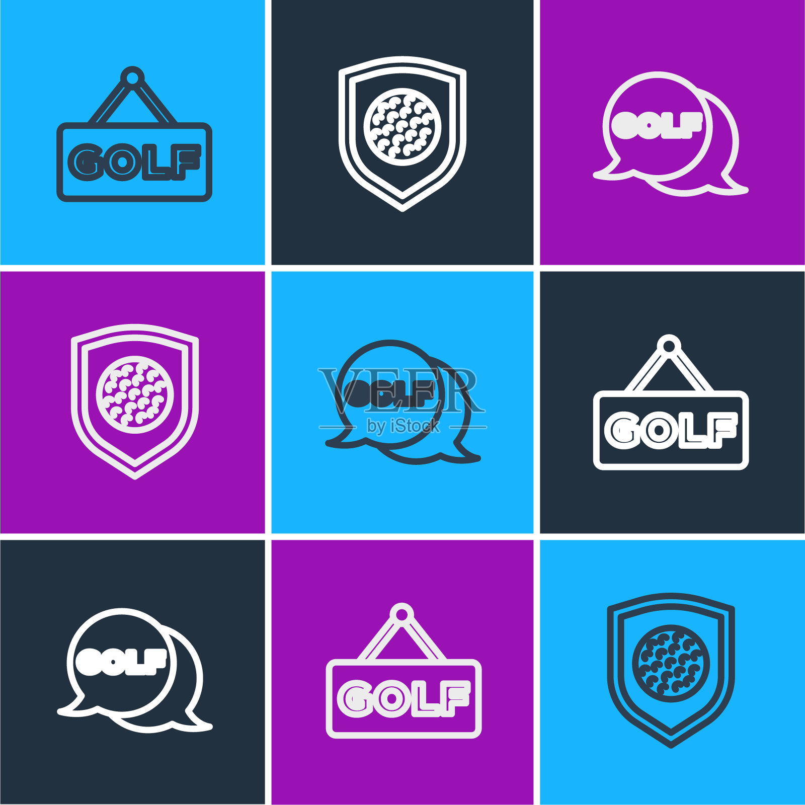 设置线高尔夫标签，球与盾牌图标。向量插画图片素材