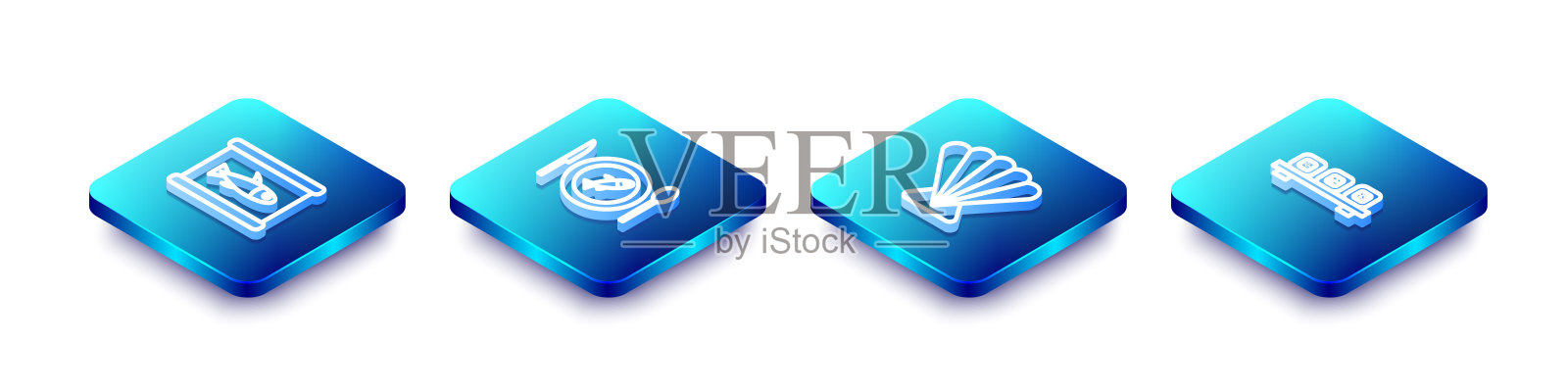 集等距线鱼罐头，餐盘，扇贝，海贝壳和寿司砧板图标。向量插画图片素材