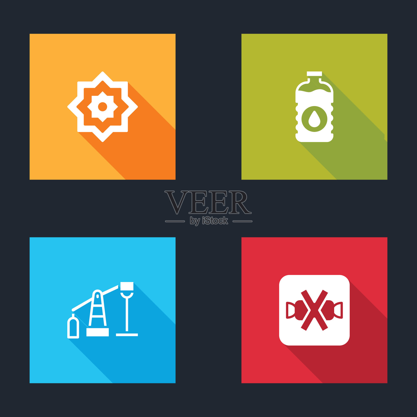 设置八角星，瓶装水，油泵或泵千斤顶和无糖图标。向量插画图片素材