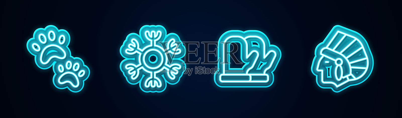 设置线爪印，雪花，圣诞手套和美洲印第安人。发光的霓虹灯图标。向量插画图片素材