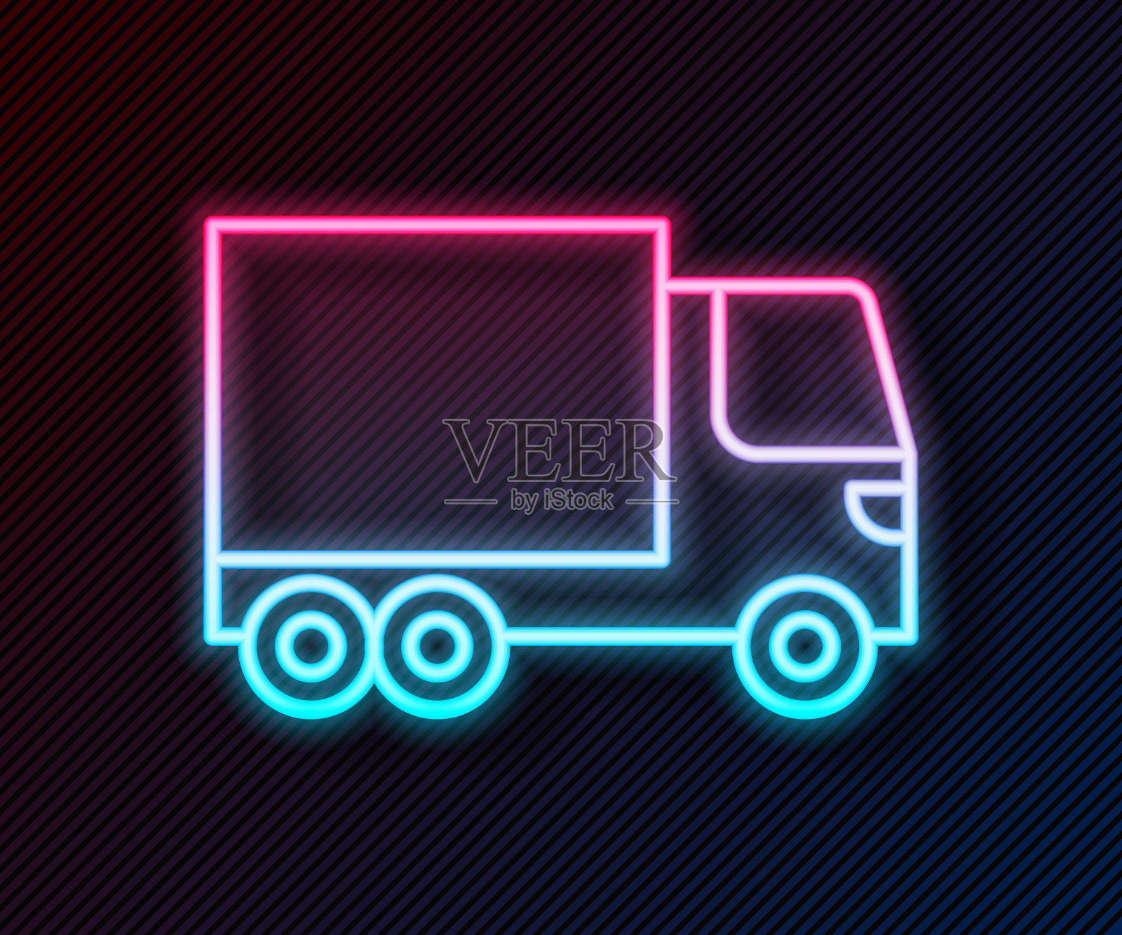 发光的霓虹灯线送货卡车车辆图标孤立的黑色背景。向量插画图片素材