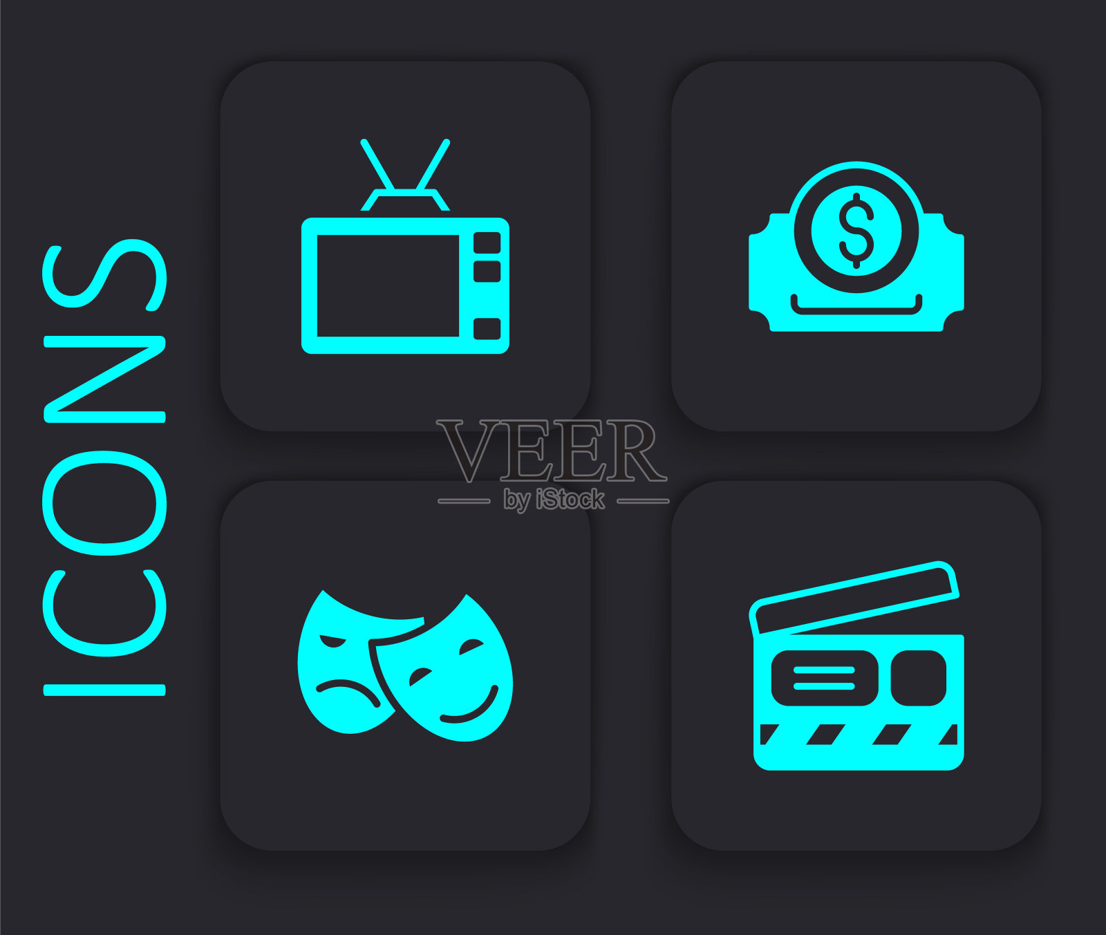 集电影拍手，复古电视，电影票和喜剧和悲剧面具图标。黑色方形按钮。向量插画图片素材