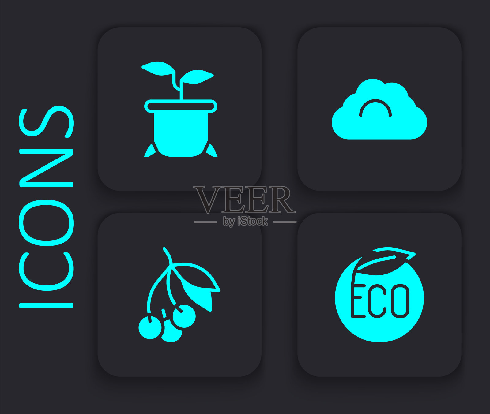 集生态健康食品，植物在锅，多云的天气和新鲜的浆果图标。黑色方形按钮。向量插画图片素材