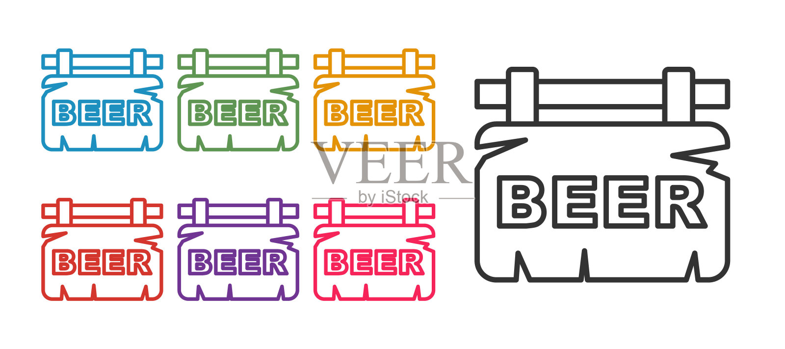 设置线街道招牌与铭文啤酒图标隔离在白色背景。适用于酒吧、咖啡厅、酒吧、餐厅的广告。设置图标彩色。向量插画图片素材