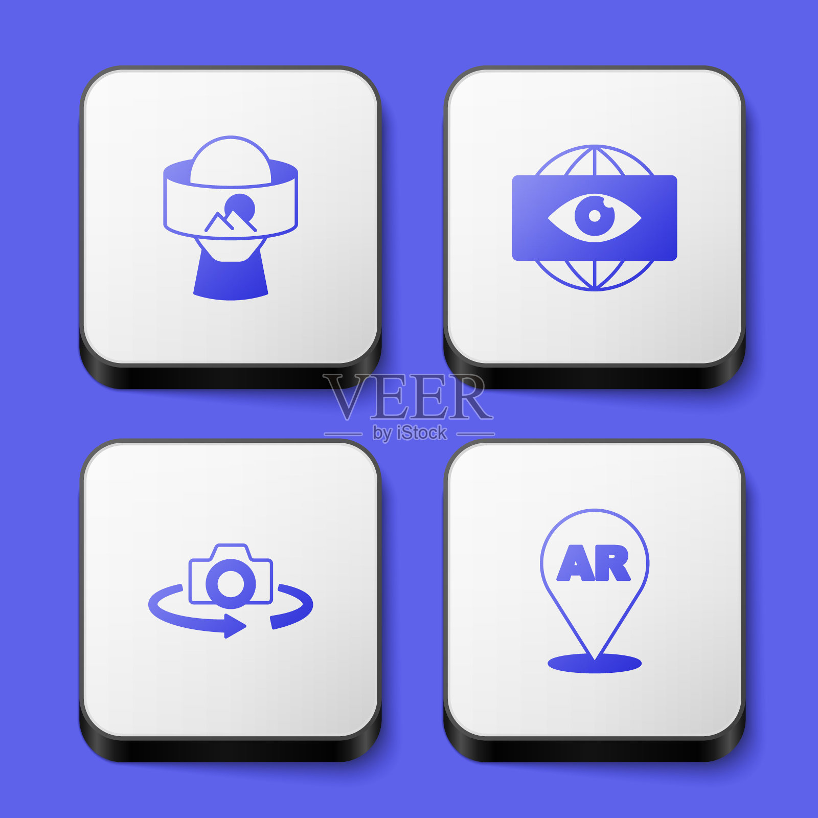 设置虚拟现实眼镜，老大哥电子眼，360度视角和增强现实图标。白色方形按钮。向量插画图片素材