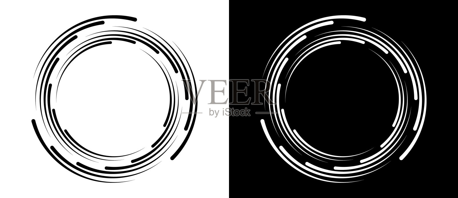 抽象的背景与线条在圆圈。艺术设计螺旋作为标志或图标。一个黑色的人物在白色的背景上，一个同样白色的人物在黑色的一面。插画图片素材
