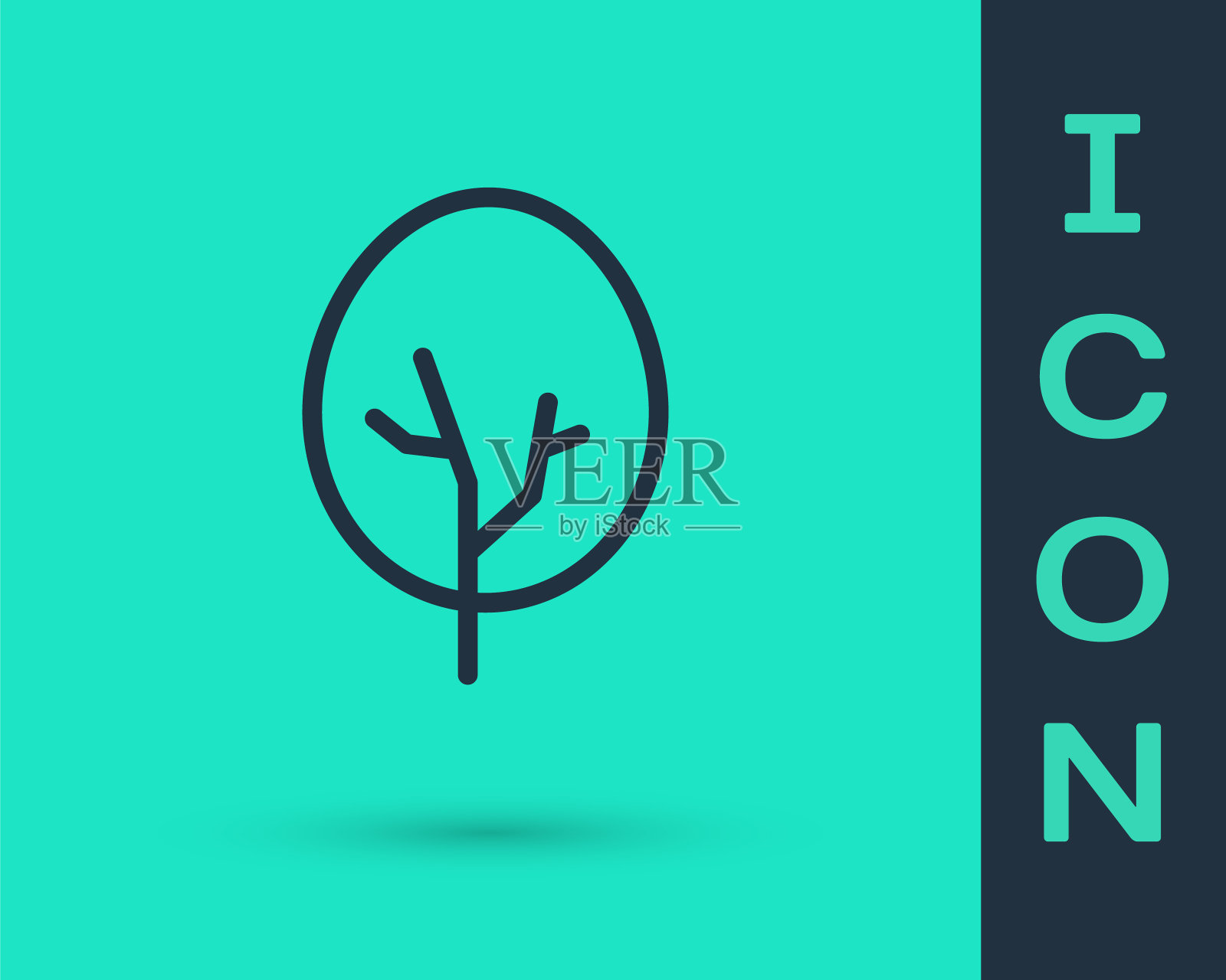 黑线树图标隔离在绿色背景。森林的象征。向量插画图片素材