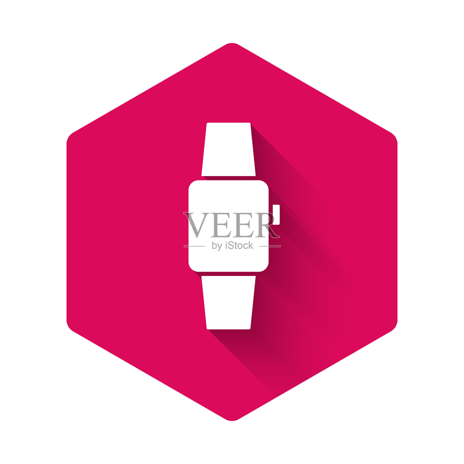 白色的智能手表图标孤立的长阴影。粉红色六边形按钮。向量插画图片素材