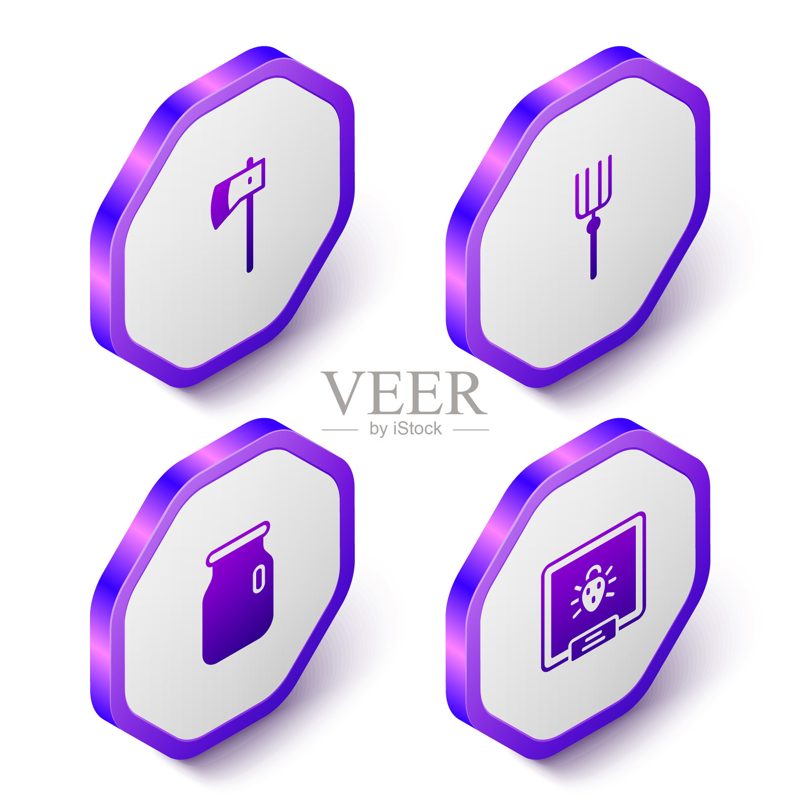 集等距木斧，花园干草叉，玻璃罐与螺旋盖和科罗拉多甲虫图标。紫色六边形按钮。向量插画图片素材