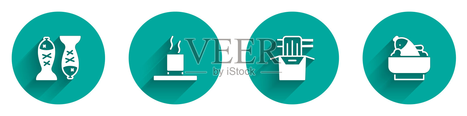 一盘鱼，一杯茶，纸盒亚洲面，米饭，碗上有长长的影子。向量插画图片素材