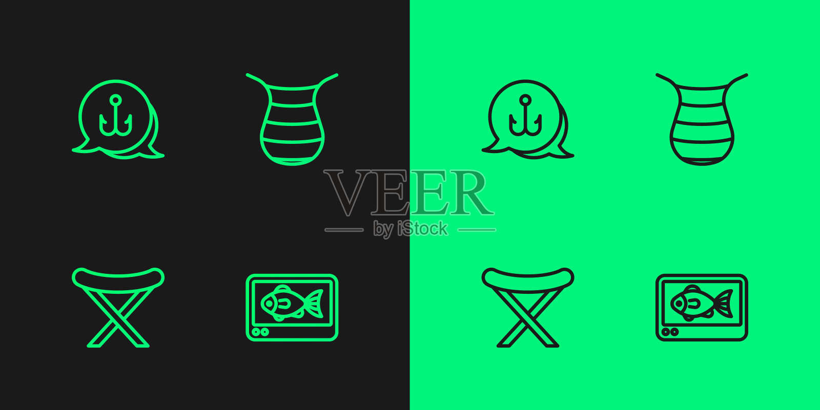 设线寻鱼回声测深仪，野营折叠椅，钓鱼钩和网图标。向量插画图片素材