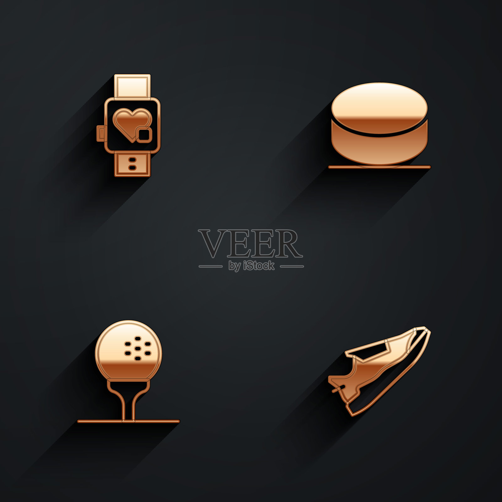 集智能手表与心脏，冰球，高尔夫球在tee和健身运动鞋鞋图标长阴影。向量插画图片素材