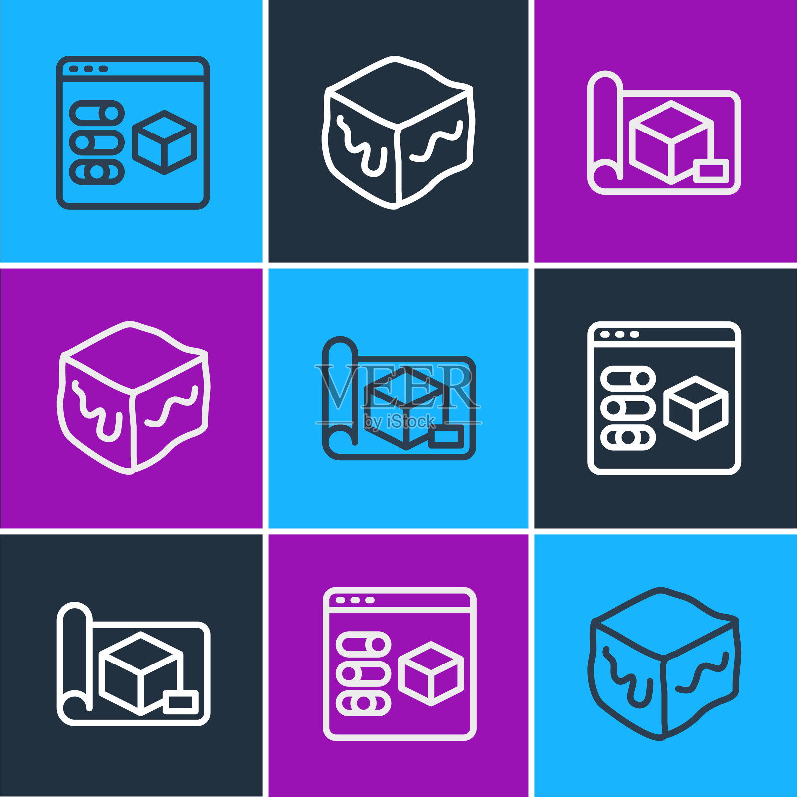 设置线3D打印机，绘图纸工程和等距立方体图标。向量插画图片素材