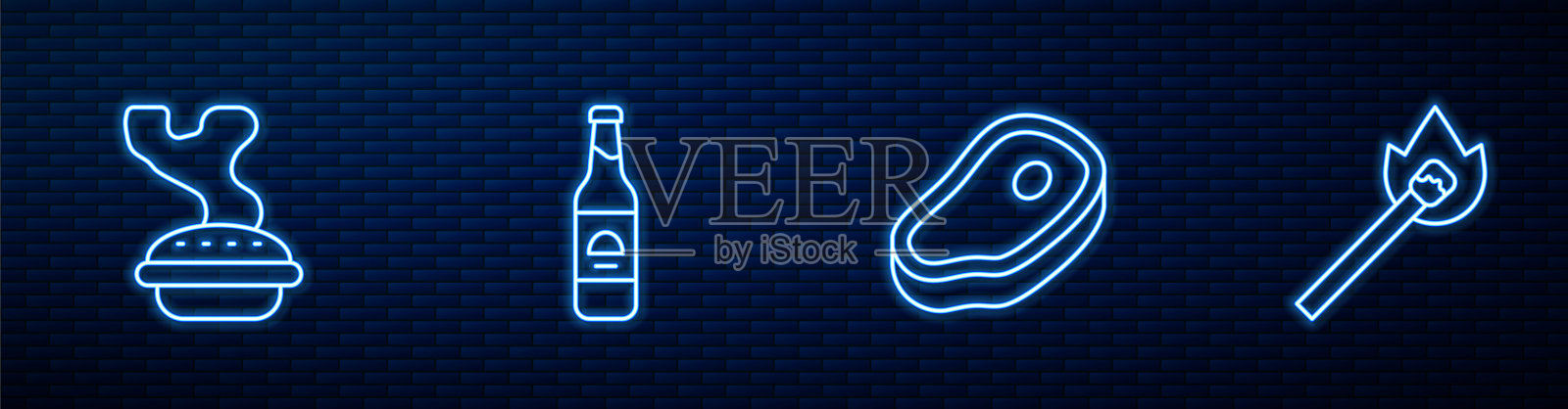 牛排肉，自制馅饼，啤酒瓶和用火燃烧的火柴。砖墙上发光的霓虹灯图标。向量插画图片素材