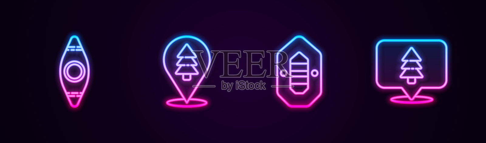 设置线皮艇或独木舟，森林的位置，漂流船和。发光的霓虹灯图标。向量插画图片素材