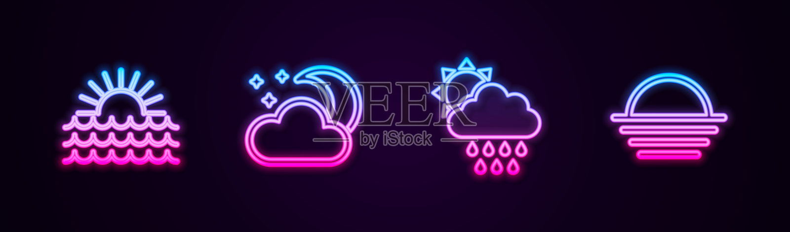 夕阳垂落，云与月与星，雨与太阳。发光的霓虹灯图标。向量插画图片素材