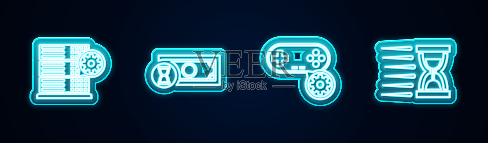 设置线服务器设置，快速支付，手柄和旧沙漏沙。发光的霓虹灯图标。向量插画图片素材