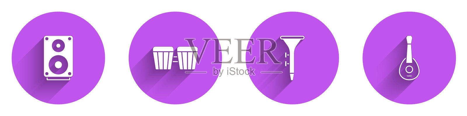 设置立体声扬声器，鼓，鼓棒和吉他图标与长阴影。向量插画图片素材