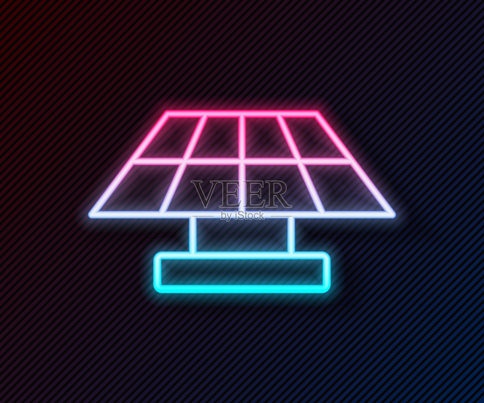 发光的霓虹灯线太阳能面板图标孤立的黑色背景。向量插画图片素材