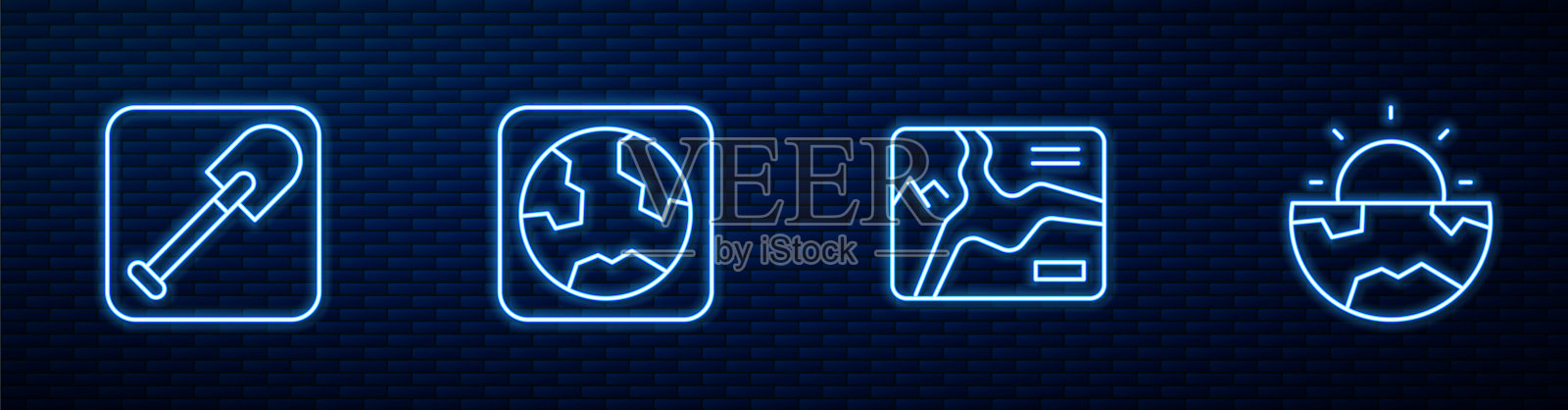 集地形图、地铲、地球仪、地芯构造地壳。砖墙上发光的霓虹灯图标。向量插画图片素材