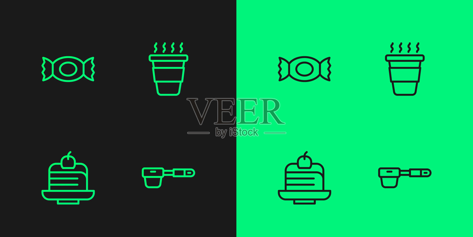 设置线咖啡过滤器支架，块蛋糕，糖果和杯子去图标。向量插画图片素材