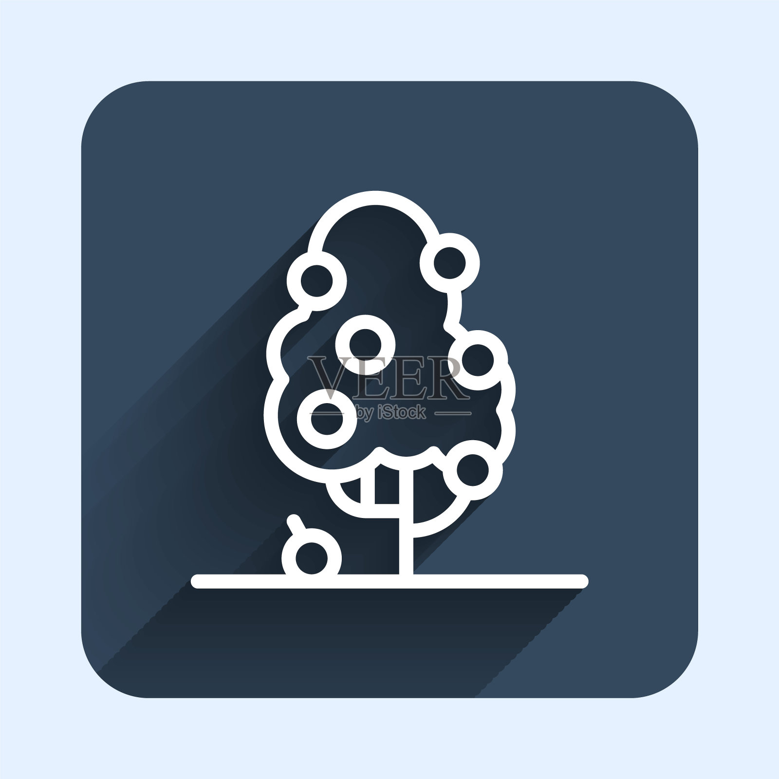 白线果树图标孤立与长阴影背景。农业植物。有机农产品。水果花园。园艺的主题。蓝色方形按钮。向量插画图片素材