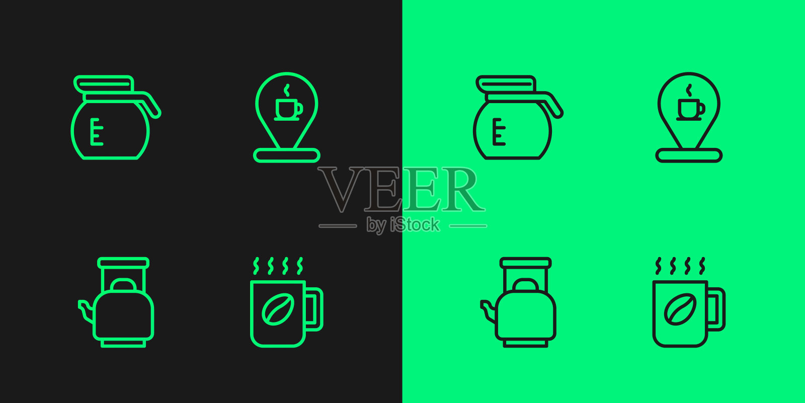 设置线咖啡杯，茶壶与手柄，壶和位置咖啡图标。向量插画图片素材