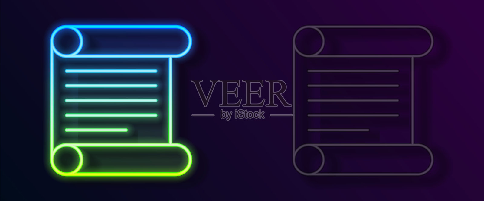 发光的霓虹线法令，纸，羊皮纸，卷轴图标图标孤立的黑色背景。向量插画图片素材