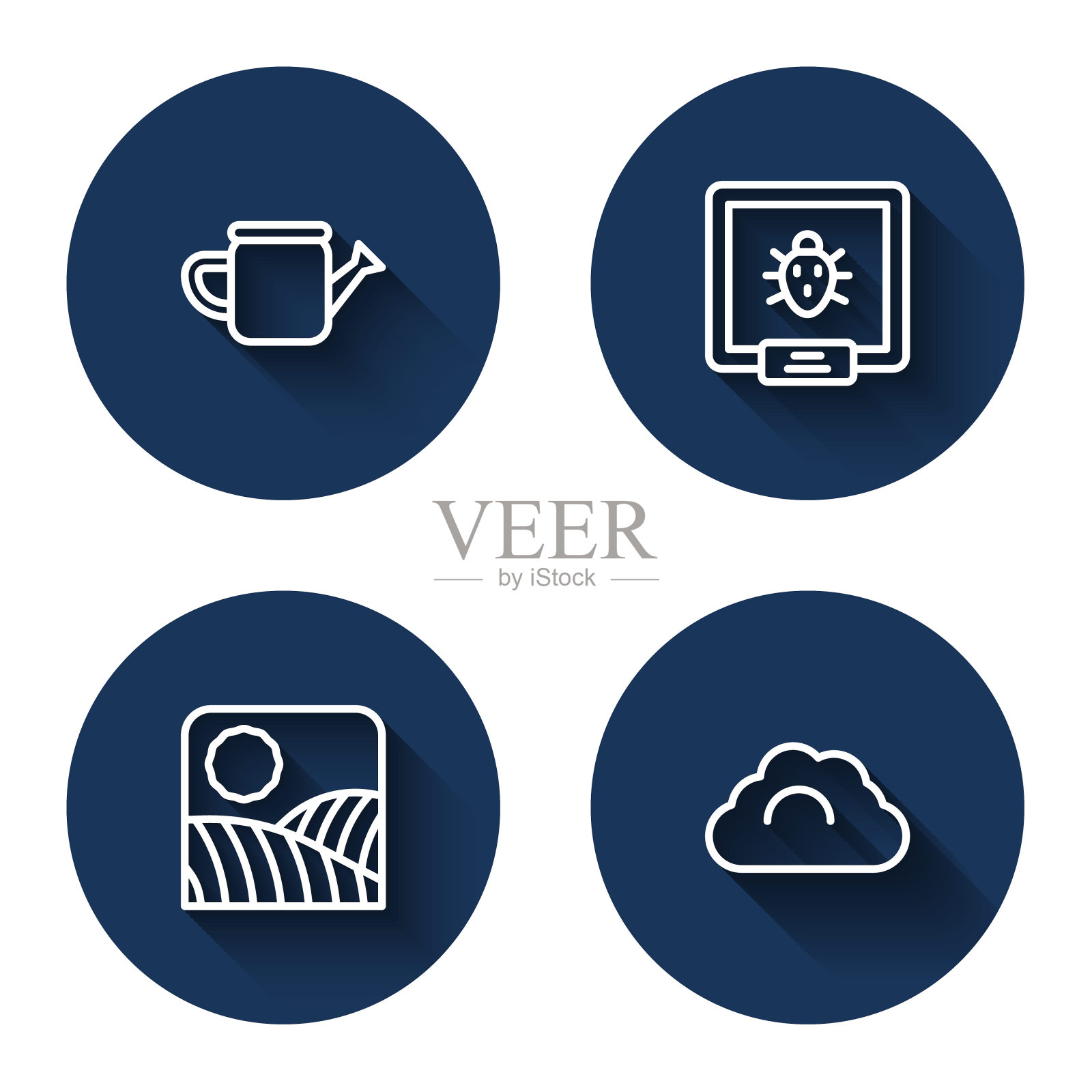 设置线喷壶，科罗拉多甲虫，农业麦田农场和阴天与长阴影。蓝色圆圈按钮。向量插画图片素材