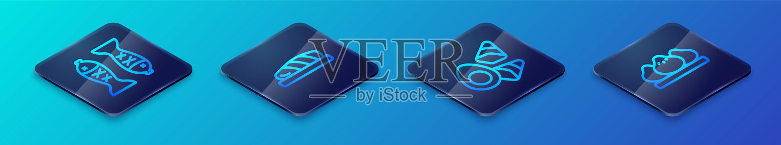 设置等距线鸡蛋与蔬菜，供应鱼盘，饺子和鱼牛排图标。向量插画图片素材